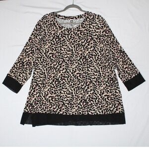 Anne Klein Women 2X Leopard Print Mesh Trim 3/4 Sleeve Tunic Top Pink Tan Black